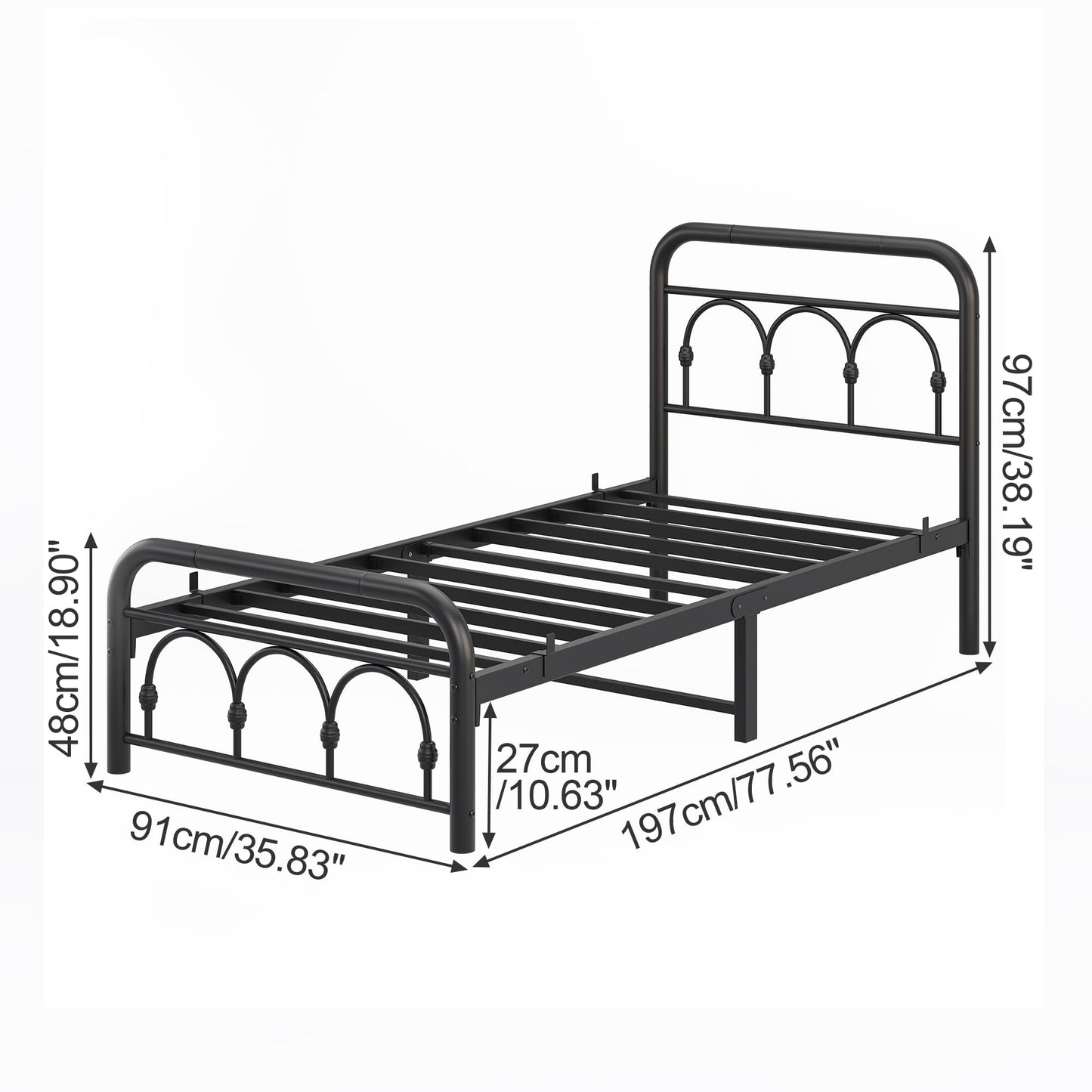 MUZERUL 3ft Single Bed Frame with Headboard(90x190cm),Metal Single Size Bed Base with Footboard,Heavy Duty Metal Platform,Steel Slat Support,No Box