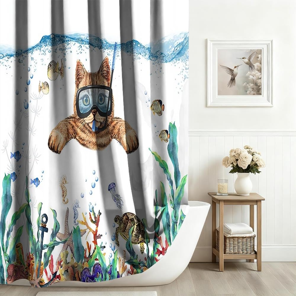 Xiaoterna Ocean Shower Curtain Bubble Marine Life Deep Sea Bathroom Curtain Cat Diving Shower Curtain Tropical Fish Turtle Shower Curtain Machine