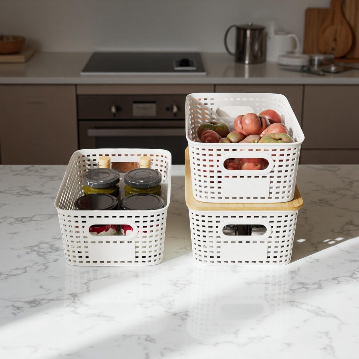 VIIHTYISA Plastic Storage Box with Bamboo Lid, Stackable Storage Baskets, Organizing Box for Shelves, Drawers, Desks, Cabinets, Playrooms and Offices