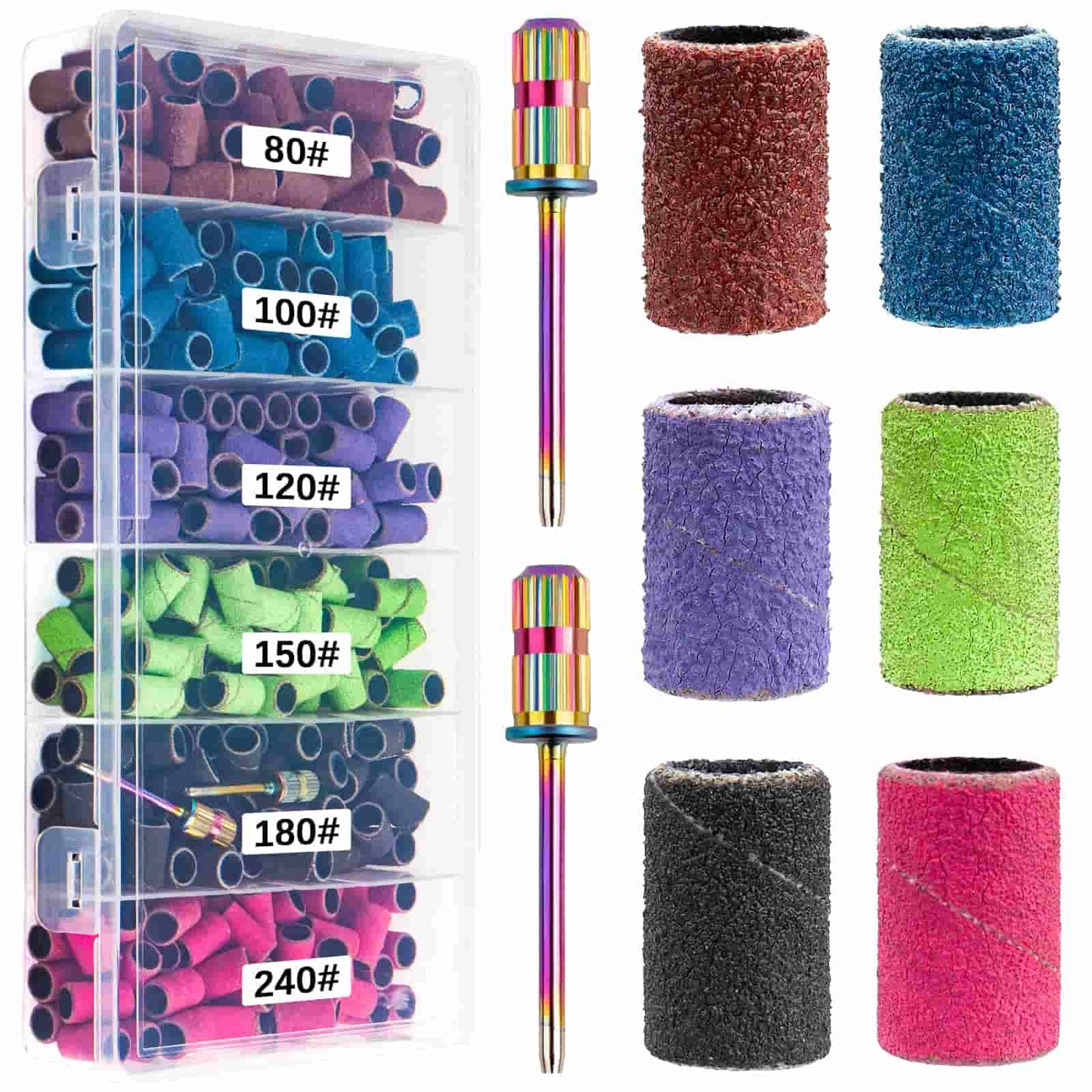 Difenni Sanding Bands for Nail Drill,300Pcs Nail Sanding Bands 80#100#120#150#180#240#Different Grits Sanding Bands with 3/32Inch Mandrel Nail Drill