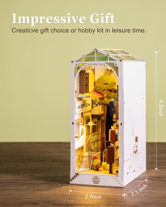 Rolife Book Nook Kits Booknook for Adults 3D Wooden Puzzle Model Kits for Bookshelf Bookends Decor with Furniture and Accessories (Sunshine Town)