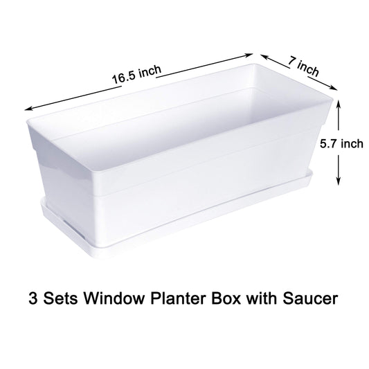 Youngever 3 Pack 38CM Plastic Window Box Planter, Heavy Duty, Flower Box Planter with Attached Tray for Windowsill Garden Balcony, White