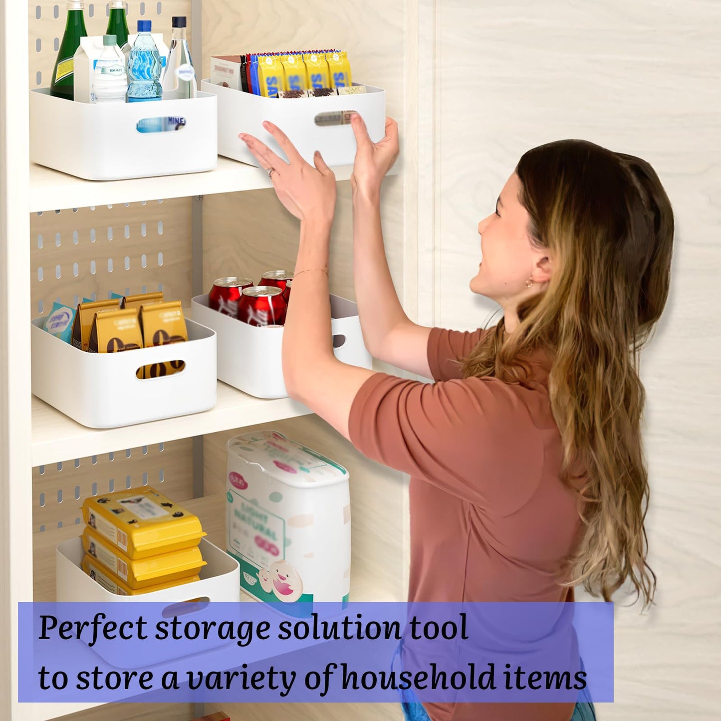 W&H 10 PCS White Plastic Storage Boxes with Handle, Medium Plastic Storage Baskets, Cupboard Organiser Boxes for Bathroom, Kitchen, Office