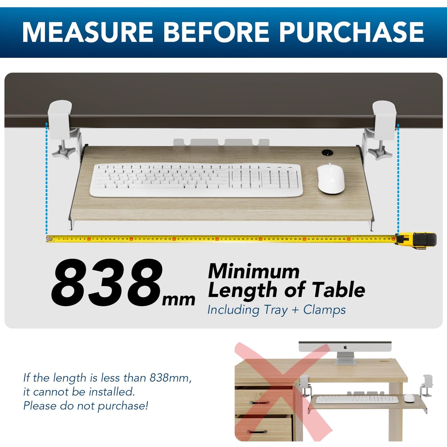 Keyboard Tray Under Desk Pull Out with Extra Sturdy C Clamp Mount System, 694 (838mm Including Clamps) x 300mm Slide-Out Platform Computer Drawer for