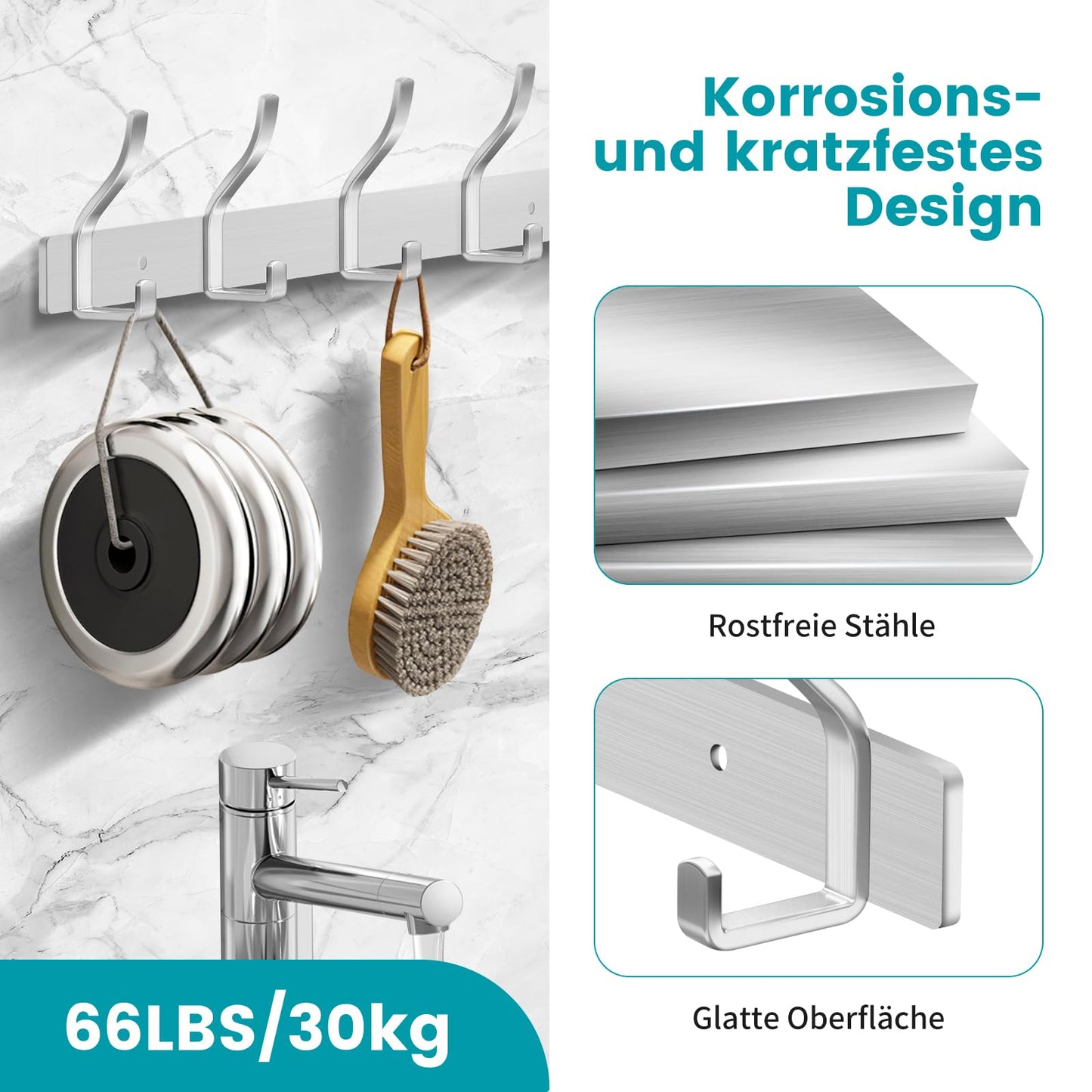 MEIJO Coat Hooks Wall Mounted Stainless Steel, Silver Coat Rack Wall Mounted with 4 Hooks Heavy Duty Coat Hooks for Door, Bathroom, Bedroom, Kitchen