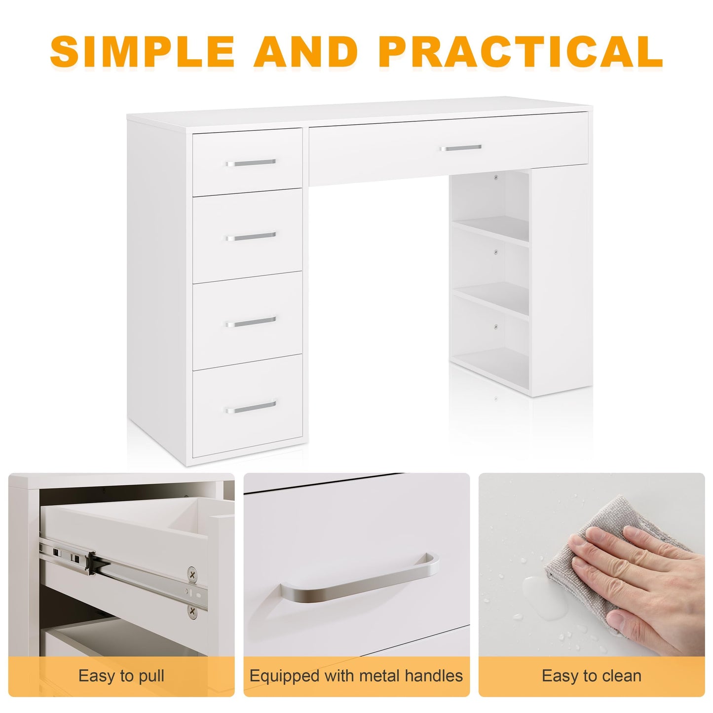 ELEGANT Dressing Table with 5 Drawers and 2 Shelves, Vanity Desk with Partition Storage, White Modern Makeup Table for Girls Bedroom Furniture
