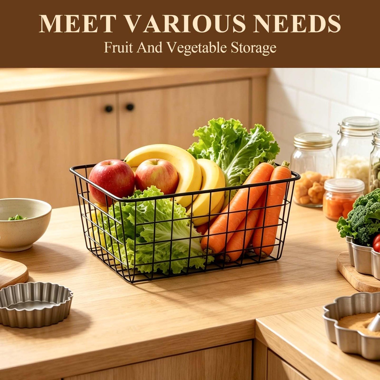 2 Metal Wire Storage Basket with Handles for Kitchen Cabinet Bedroom Bathroom Heavy Duty Rust Resistant Mesh Design Ideal for Organizing Household