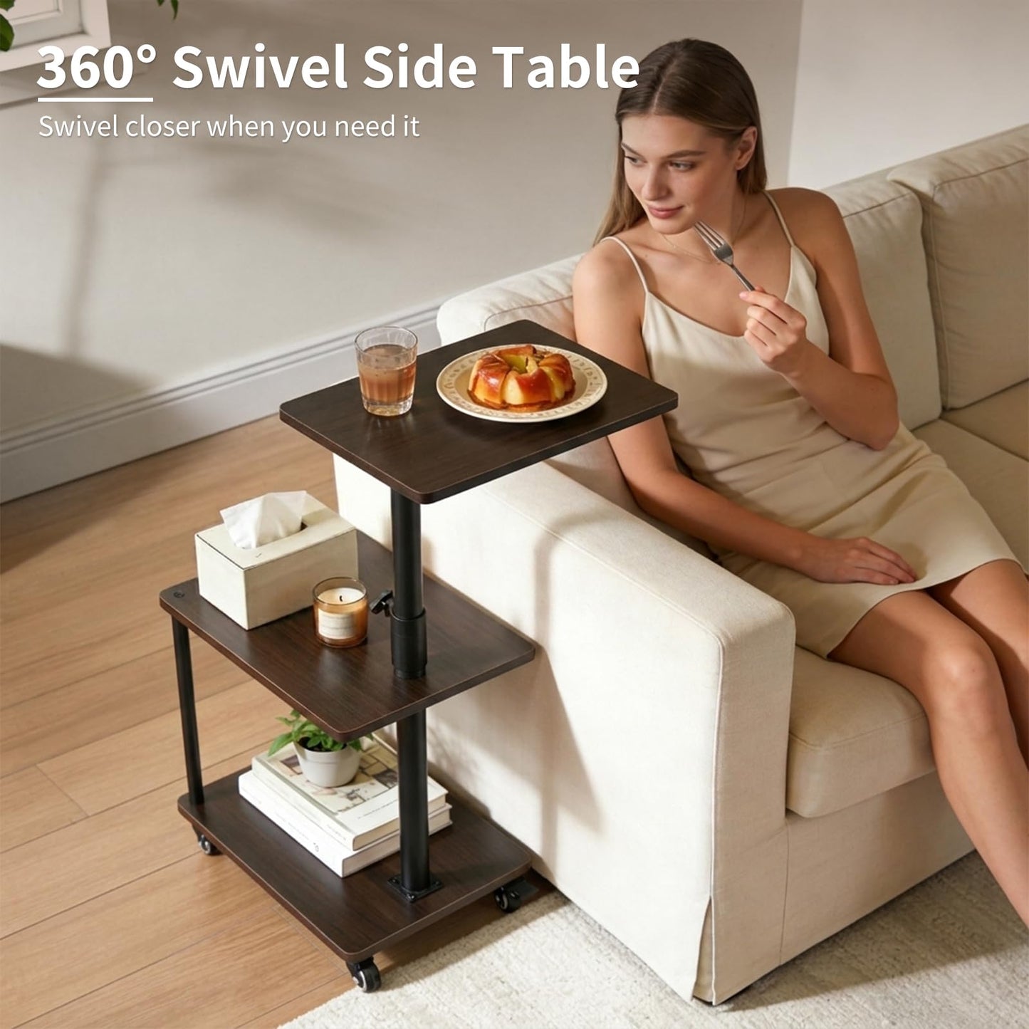 Bingyouth Side Table with Wheels, Adjustable End Table with 360° Swivel Top, 3 Tier Sofa Side Table for Living Room, Bedroom or Bedside