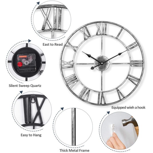 LENAUQ Silent Metal Skeleton Wall Clock, 47cm European Farmhouse Vintage Clock with Roman Numeral, Non-Ticking Battery Operated Hanging Wall Clock for