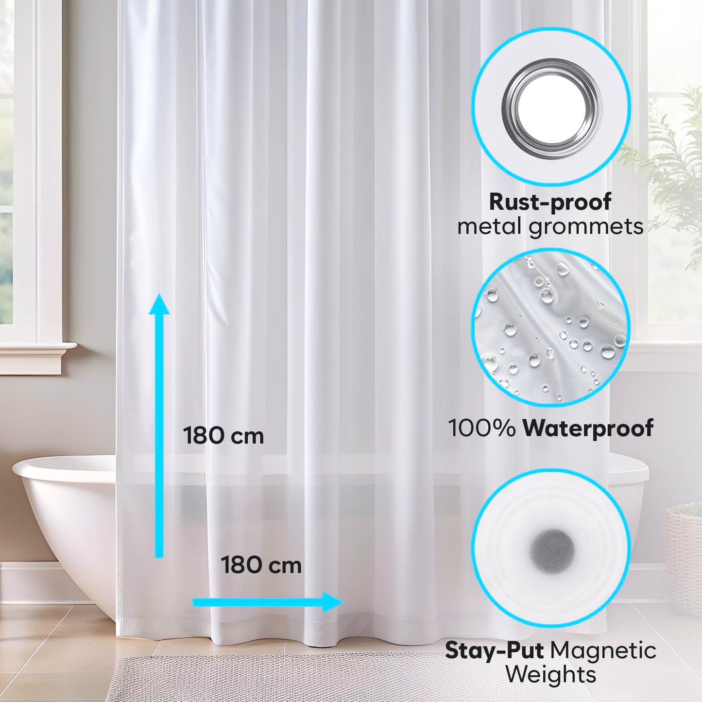 ZENO Frosted Shower Curtain Liner - 180 x 180 cm Size - Premium PEVA Shower Liner + Rustproof Grommets + 3 Magnets