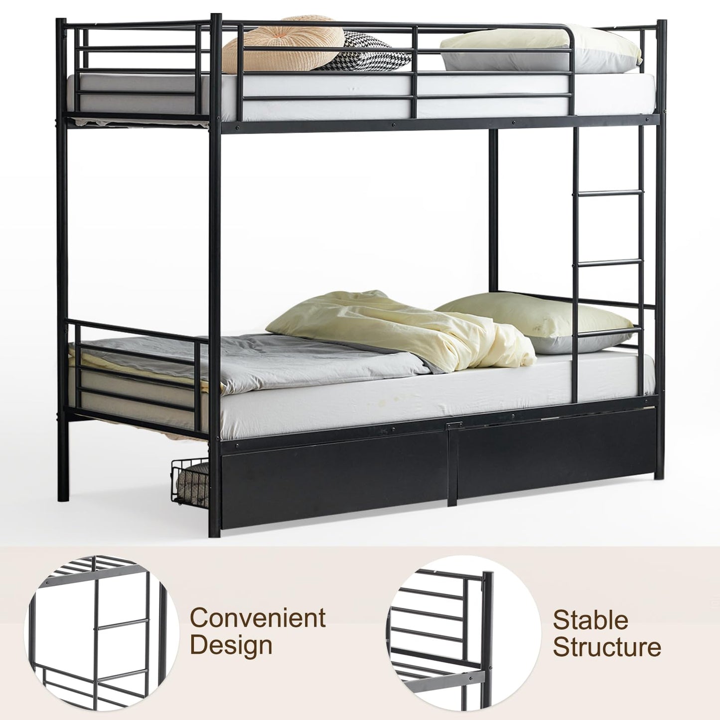 Karl home Heavy Duty Metal Bunk Bed Frame with 2 Large Drawers, Black