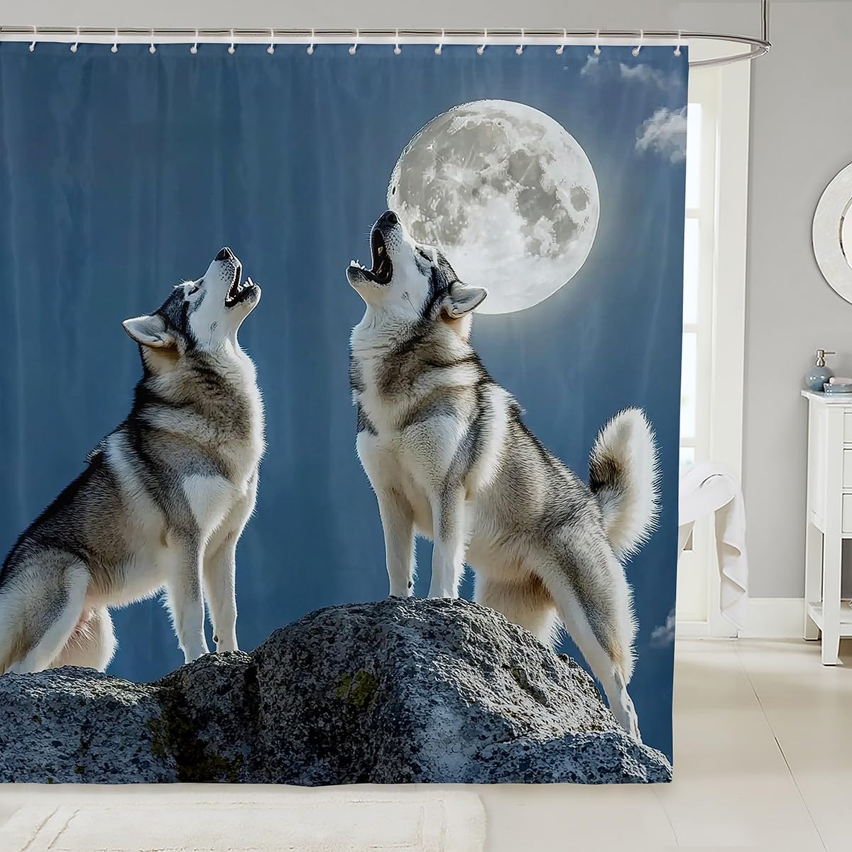 Loussiesd Wolf Bath Curtain For Kids Boys Girls 72"x84" Wolves Howling Shower Curtain Waterproof Animal Wolves Bathroom Shower Drapes Set Mountain