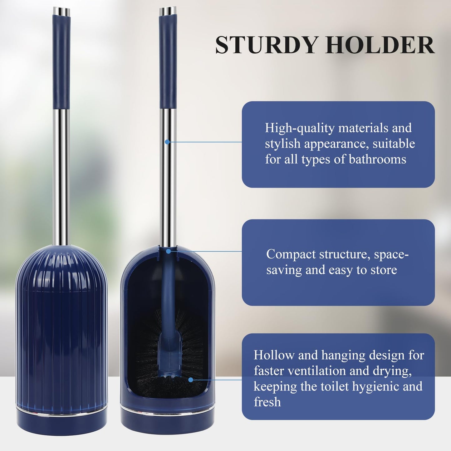Toilet Brush, Toilet Brushes with Holders, Curved Toilet Brush with Edge Cleaner, Stainless Steel & Plastic Handle, Bathroom Cleaning Brush