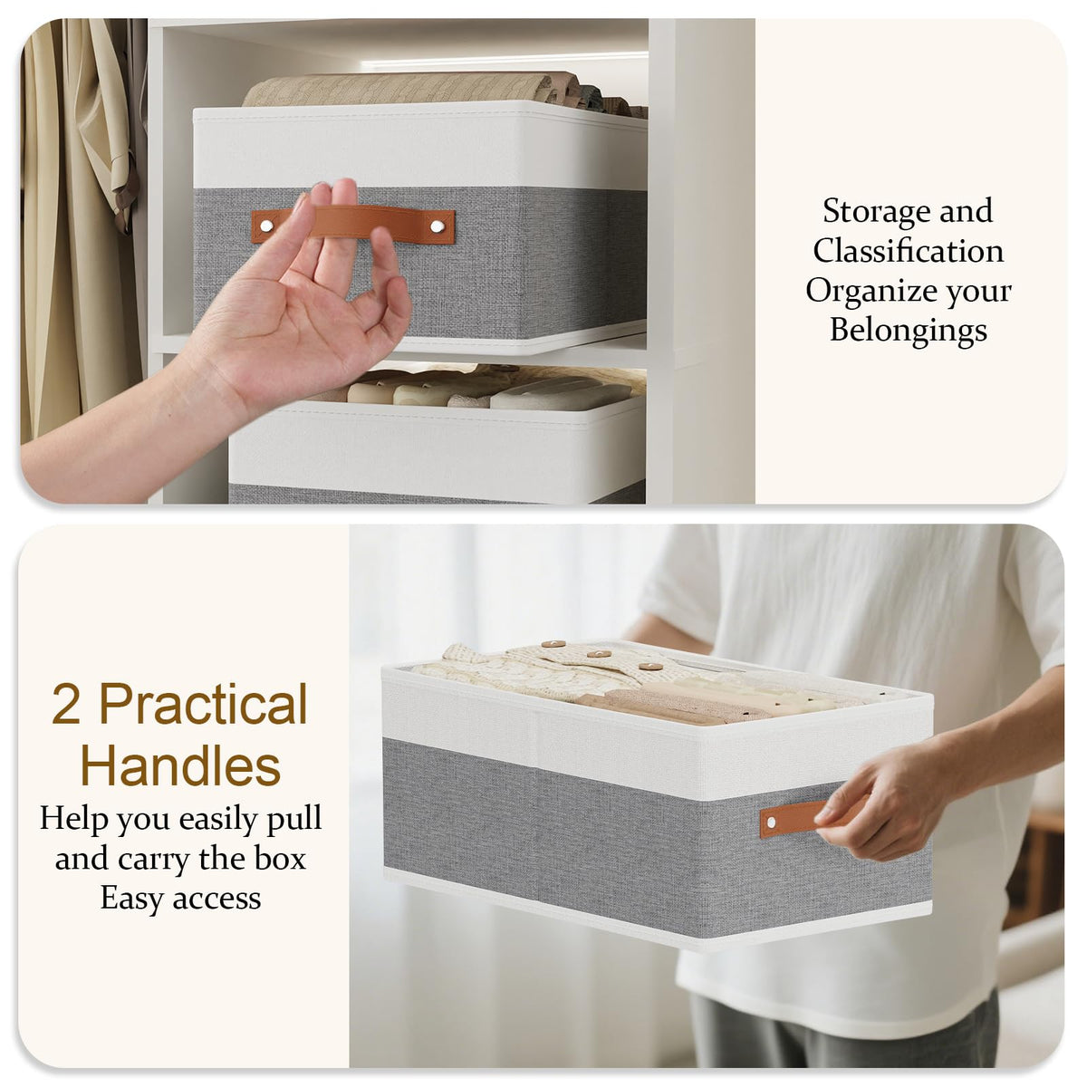 YheenLf Collapsible Storage Boxes,White/Grey Baskets,41×25×16.5cm,4Pack