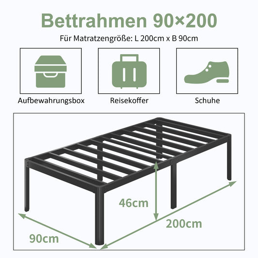 Lutown-Teen High Metal Bed 90 x 200 cm with Round Legs, 46 cm Height Bed Frame Single Bed with High Metal Slatted Frame, Black
