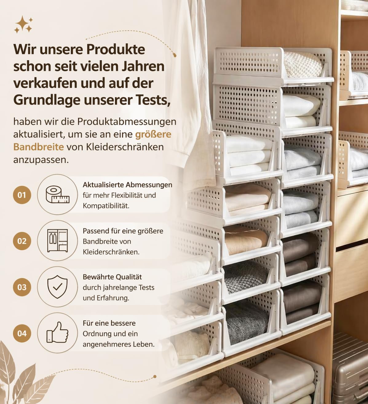 RMAN 4 Pack Wardrobe Storage Organiser Folding Plastic Storage Drawers Stackable Storage Baskets for Bedroom, Office, Kitchen, Bathroom-White