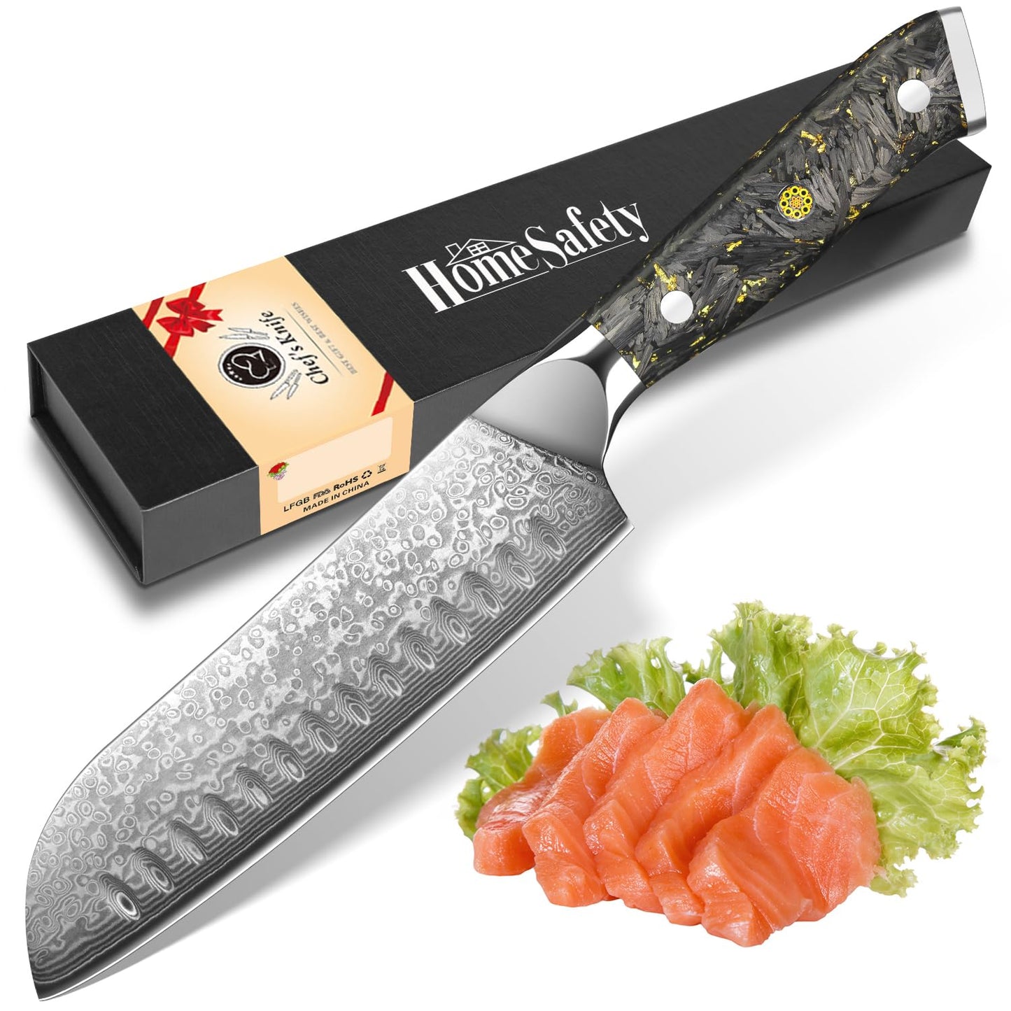 Home Safety Damascus Knife, Professional Santoku Knife I 17.8 cm Chef's Knifes I 67 Layers of VG-10 Damascus Steel I Kitchen Cooking Knifes with