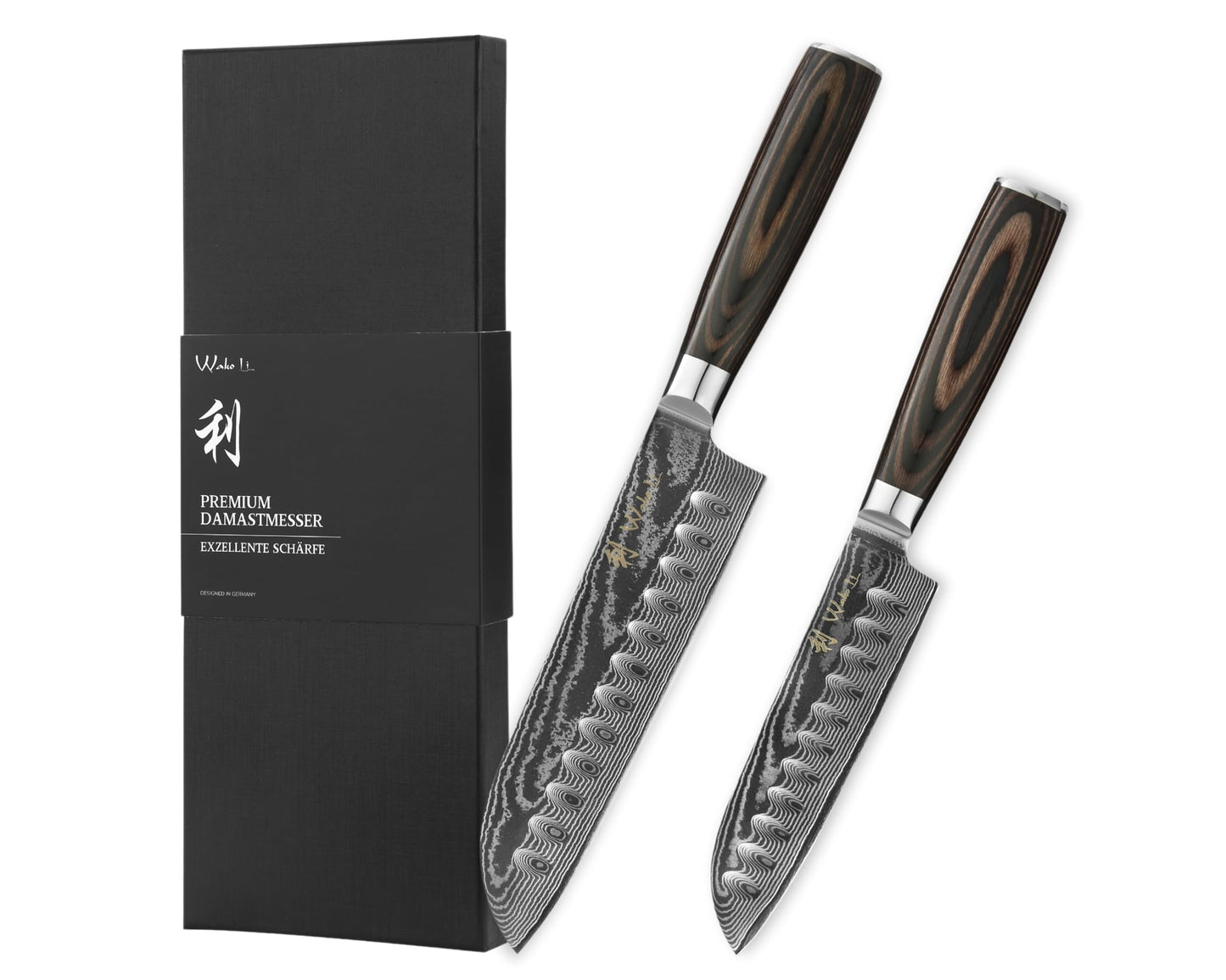 Wakoli EDIB Essentials 2-Piece Damascus Kitchen Knife Set ? Santoku Knives Made from 67 Layers of Damascus Steel ? Pakkawood Handles ? Includes Gift