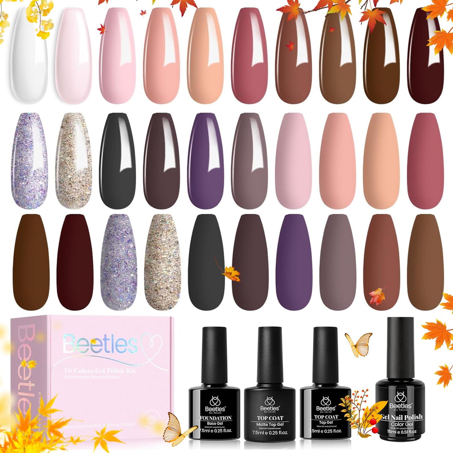 BGel Polish 16 Colors Gel Nail Natural Charm Collection Pink Nude Nail Design Soak Off Burgundy Manicure Golden Glitter Color Set Need Uv Light Cured