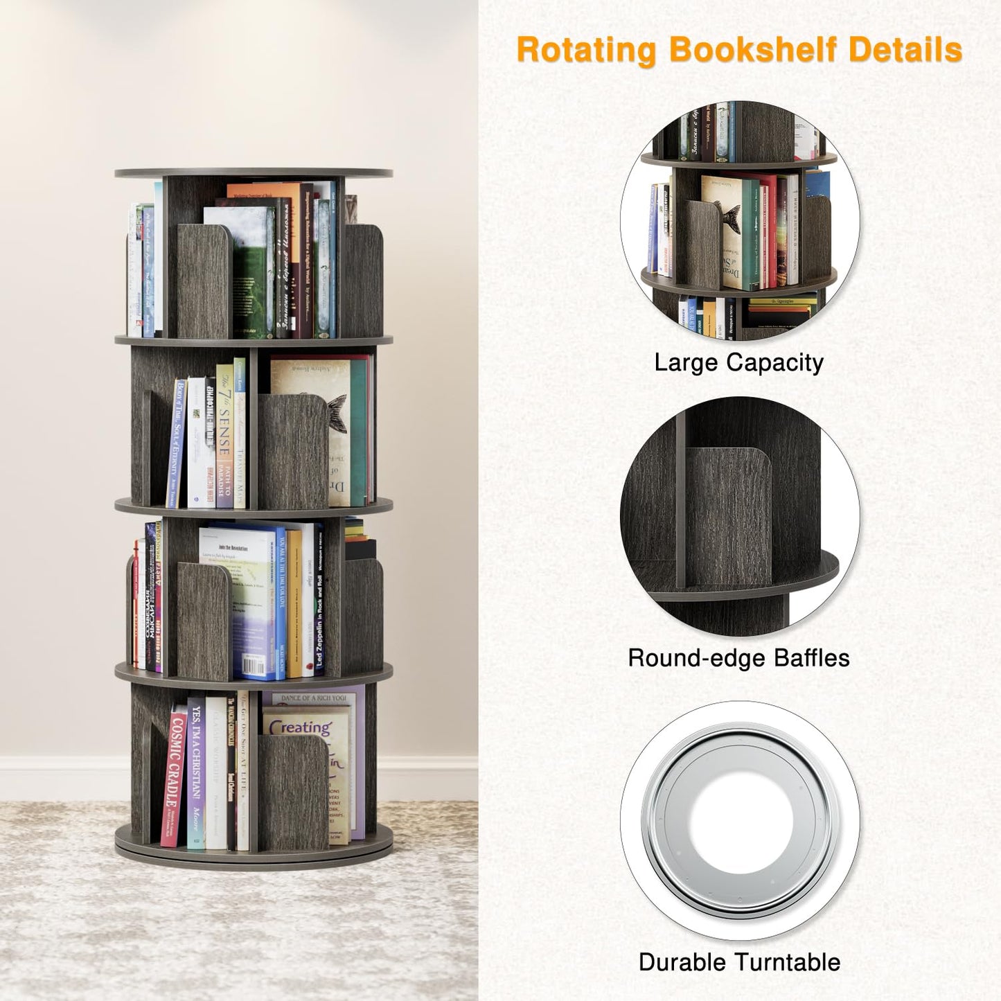 APPOLYN 4 Tier Rotating Bookshelf, 360 Display Spinning Bookcase, Black Oak