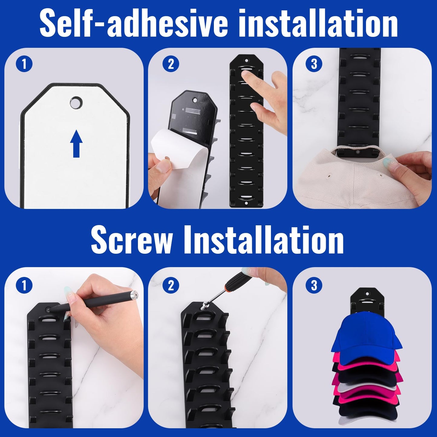 2 Pack Hat Organizer for Baseball Caps, Black Hats Racks Hooks for Wall