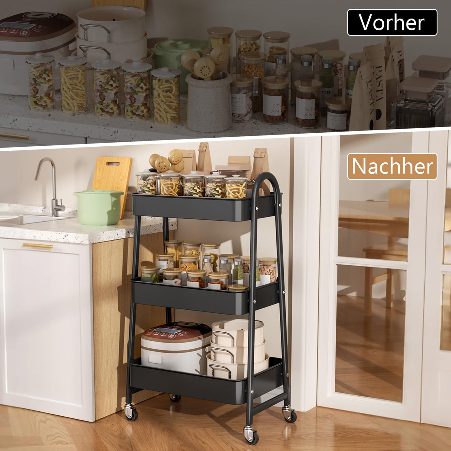 StowBin 3 Tier Metal Rolling Cart Kitchen Storage Cart with Wheels - Black