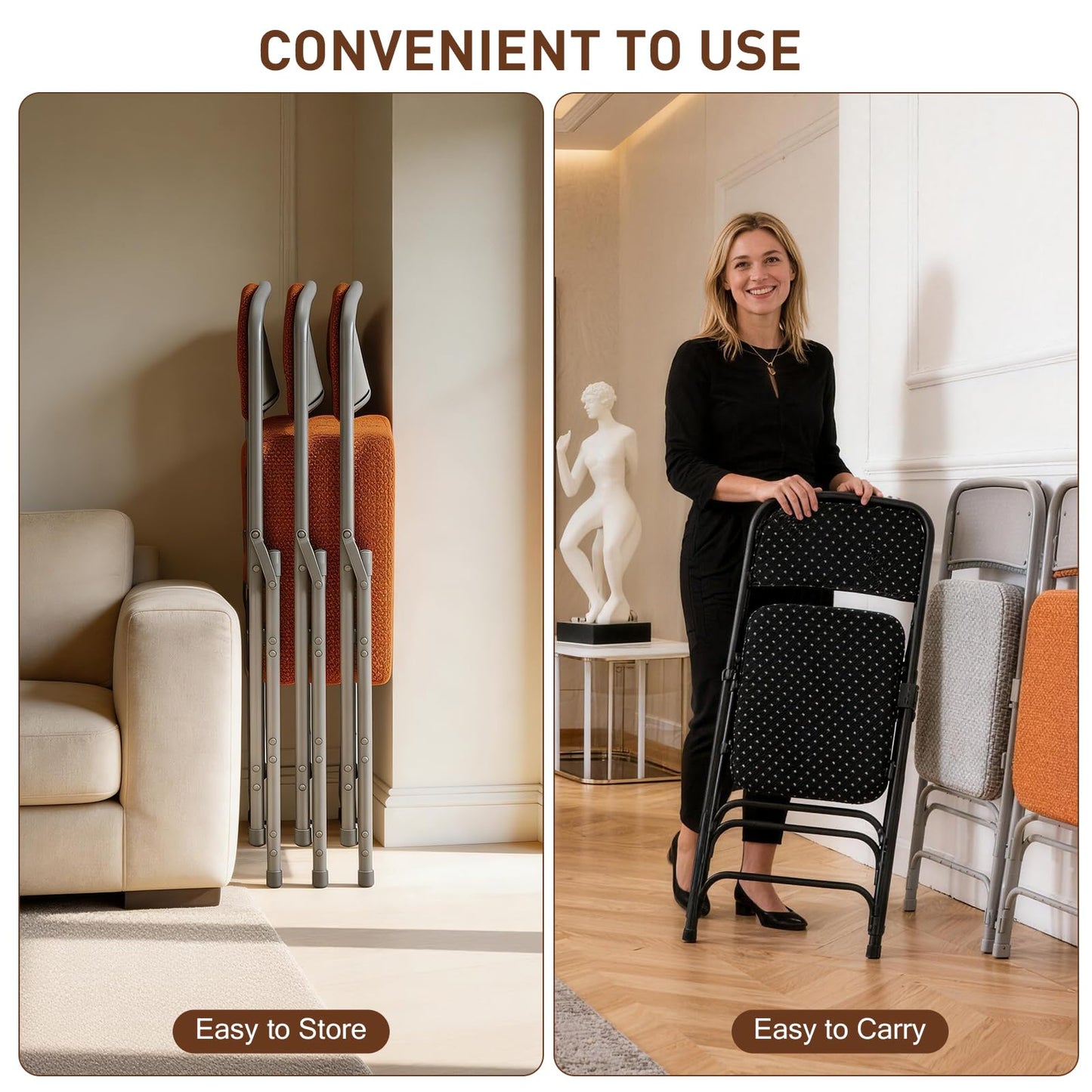 BOOSDEN 2 Pack Padded Folding Chairs with Cushion, Fabric Foldable Chair