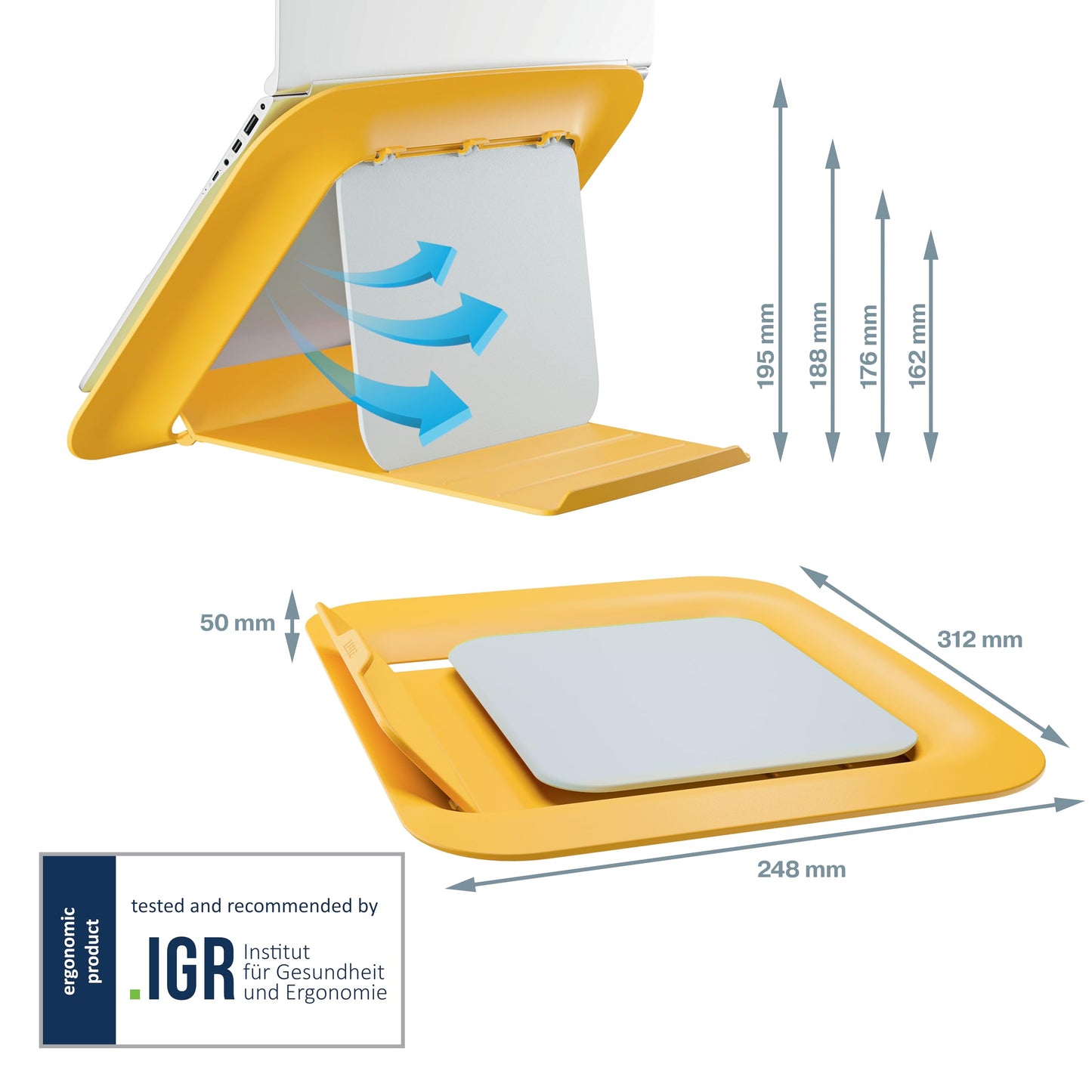 Leitz Adjustable Laptop Stand, Compact Laptop Holder With 4 Height Settings, 80% Recycled Plastic & 100% Recycable, Ergo Cosy Range, Warm Yellow