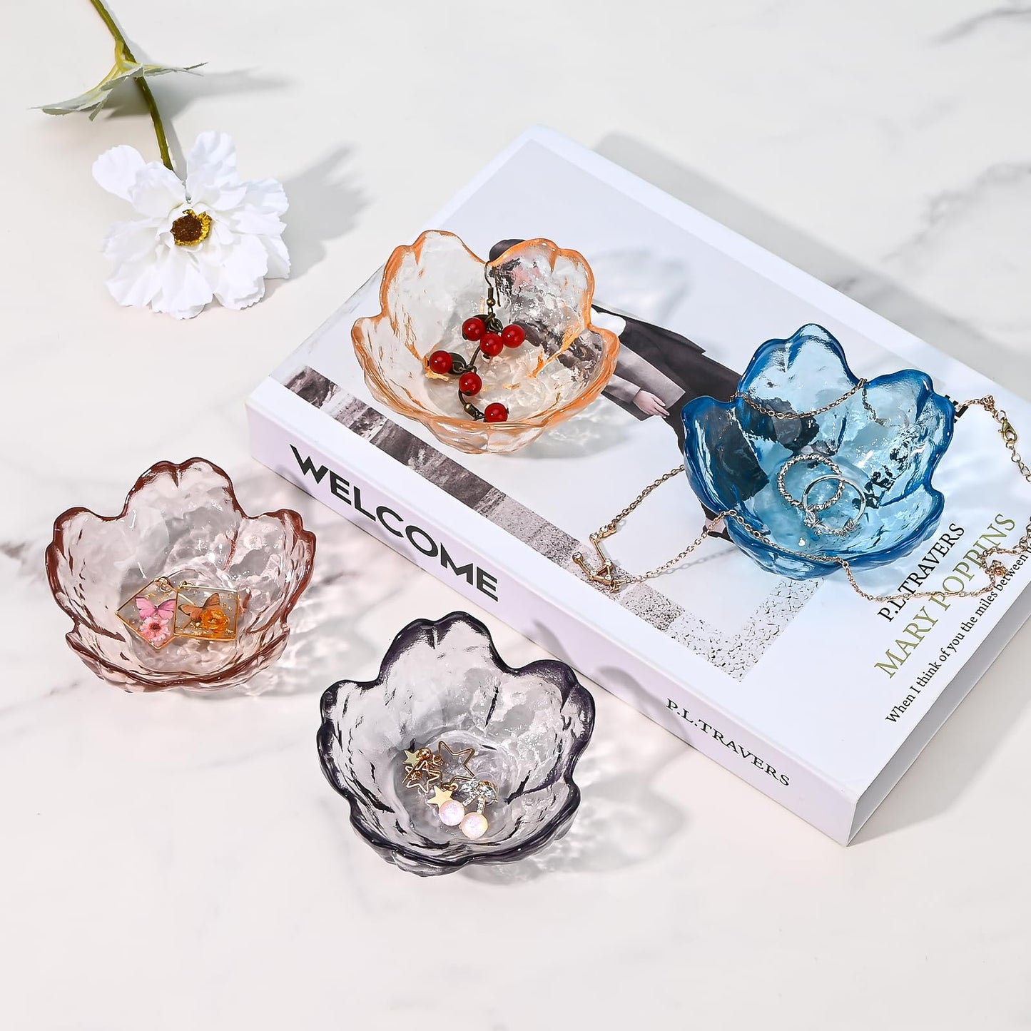 Koythin 2-Piece Glass Jewelry Tray, Mini Ring Dish for Necklace Earring Bracelet, Cute Trinket Tray for Engagement Vanity Bathroom