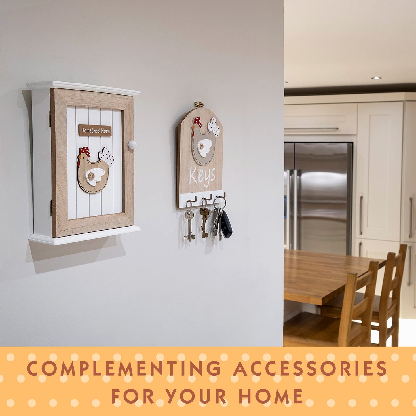 SPOTTED DOG GIFT COMPANY Key Box Wall Mounted Wooden Key Cupboard Cabinet with 6 Hooks for Hallway, Decorative Chicken Themed Home Décor