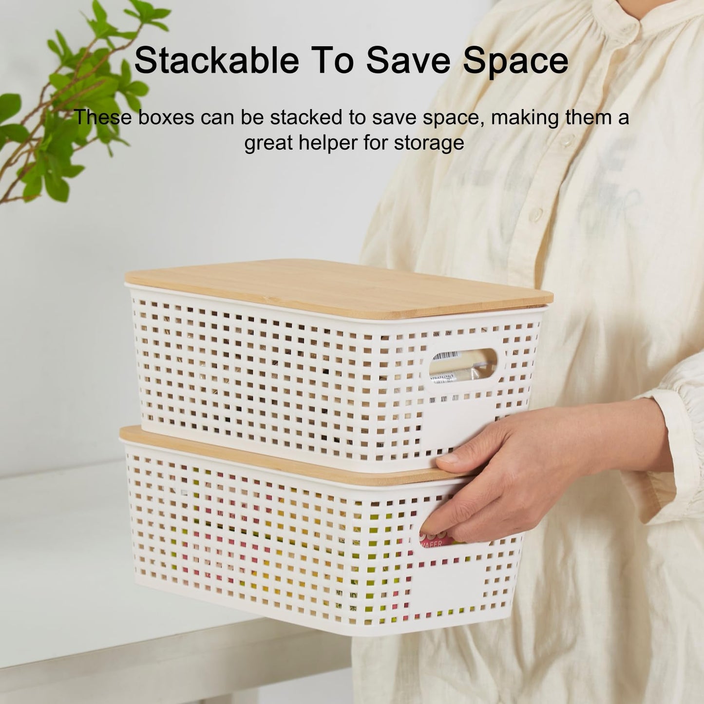 Sagittar Set of 6 Storage Boxes with Bamboo Lid, Imitation Rattan Plastic Storage Basket, Stackable Storage Bins, Ideal for Kitchen, Bathroom, Office