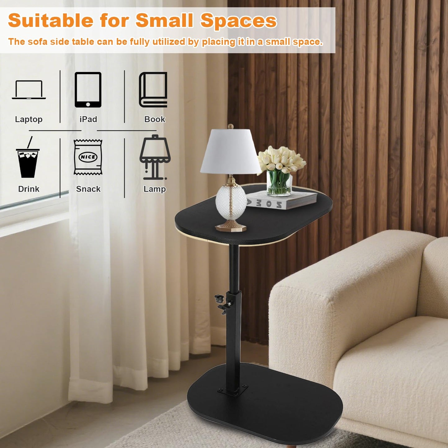 YYW C Shaped End Table, Adjustable Height with Wheels, Glossy Black (Glossy Black)