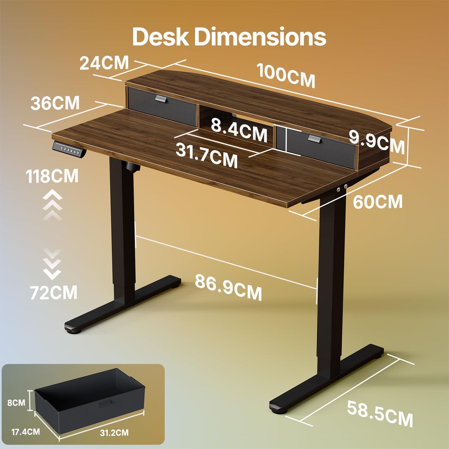 HUANUO Standing Desk with Drawers, 100x60cm, Walnut