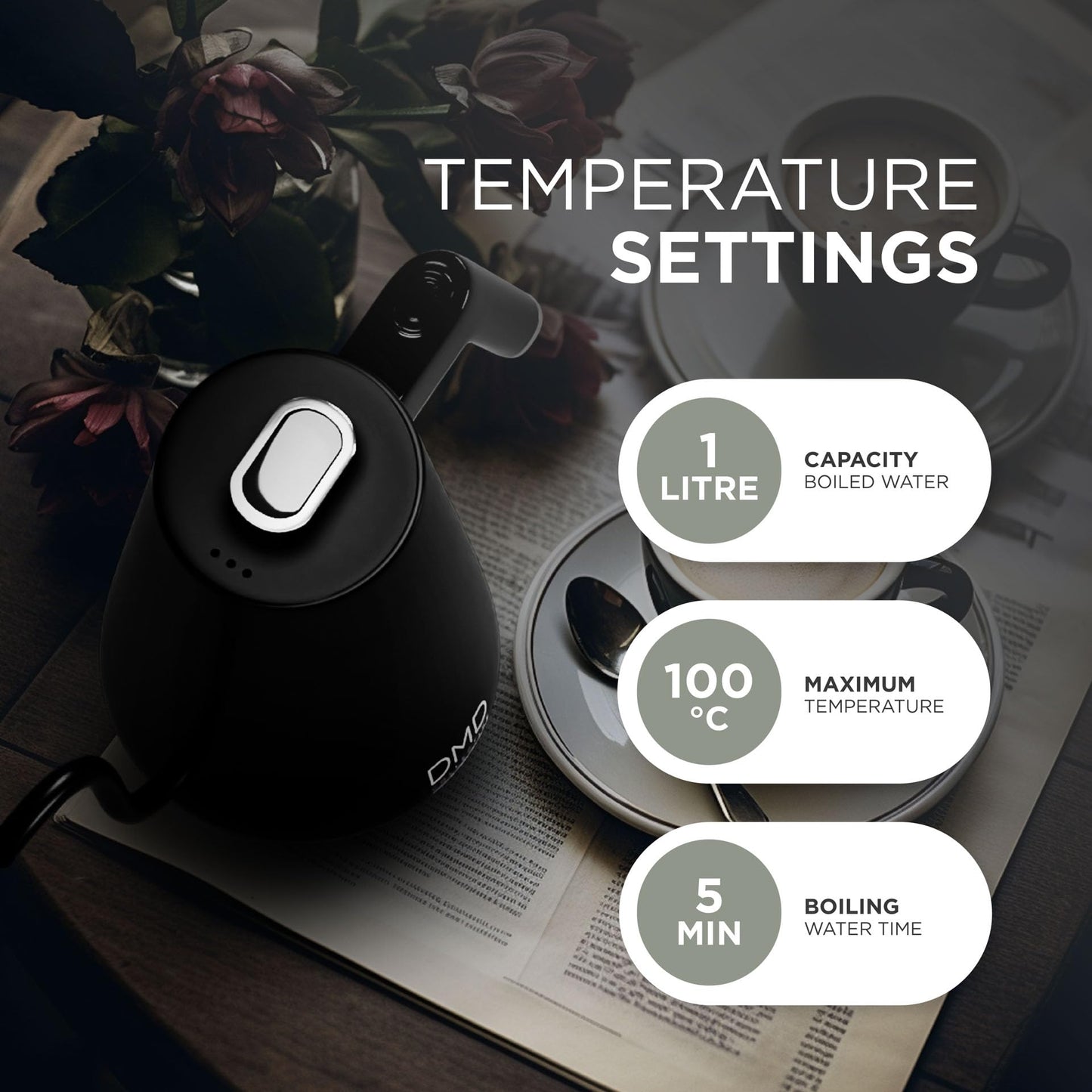 DMD? | Electric Gooseneck Kettle Digital Display | Pour-Over Kettle, 8mm Spout | Coffee and Tea Kettle 1L Energy-Efficient | 40-100?C Temp Control