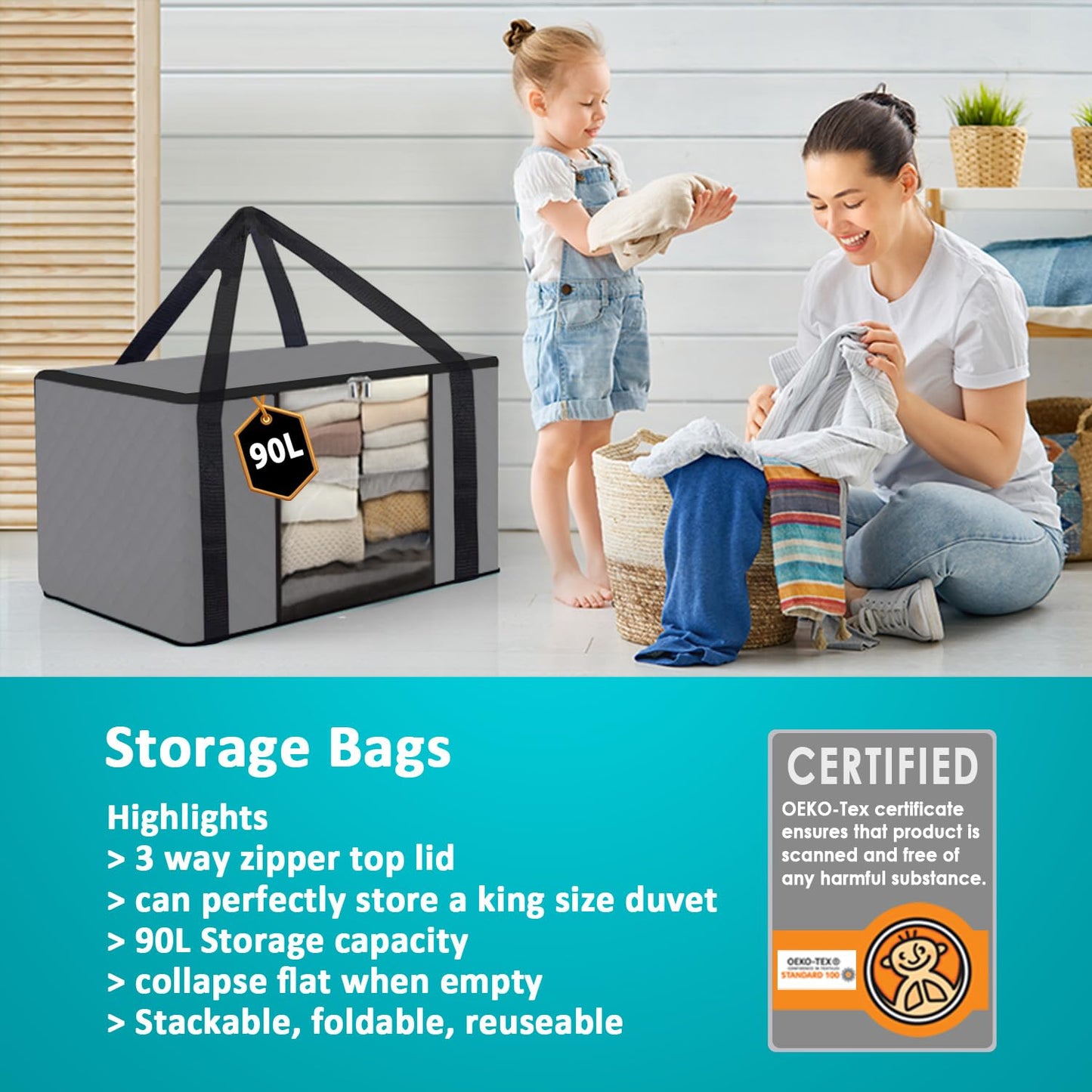 Joybees Clothes Storage Bags with Lids, 3-Pack, 90L Large Foldable Boxes with Zipper & Clear Window, Thick Scratch-Resistant Material