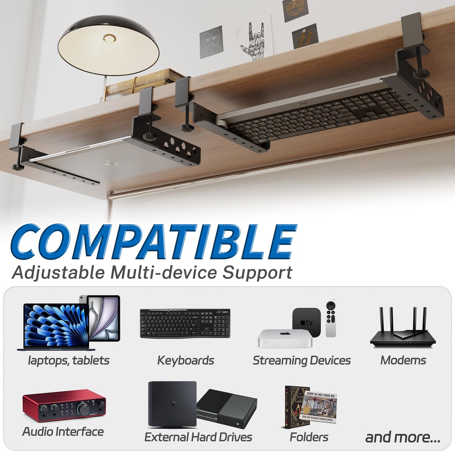 otuiaim Adjustable Under Desk Holder with Clamp for Desk - Steel Shelf