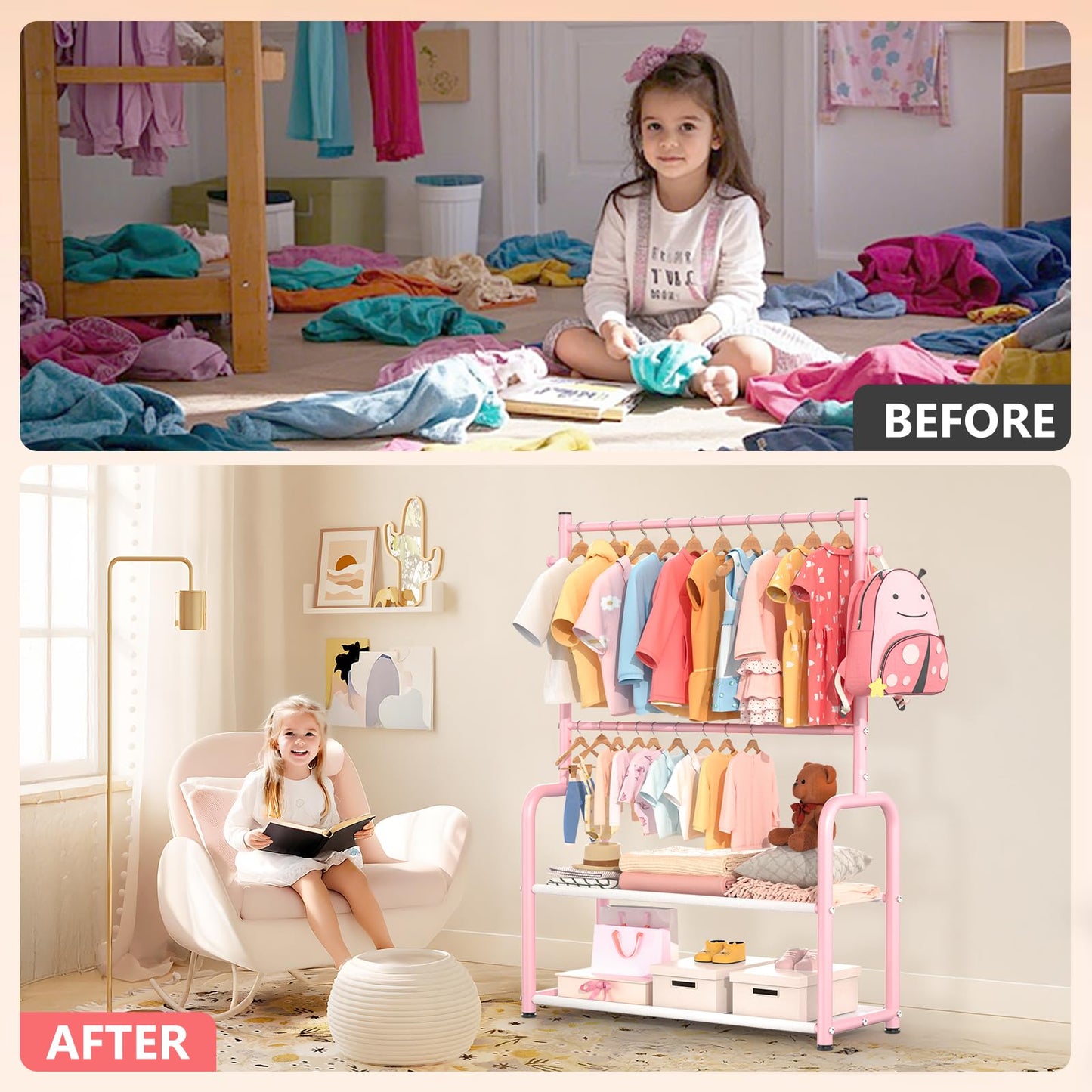 ZHKINGGS Kids Clothing Rail, Adjustable Toddler Dress Up Storage Rack, Pink