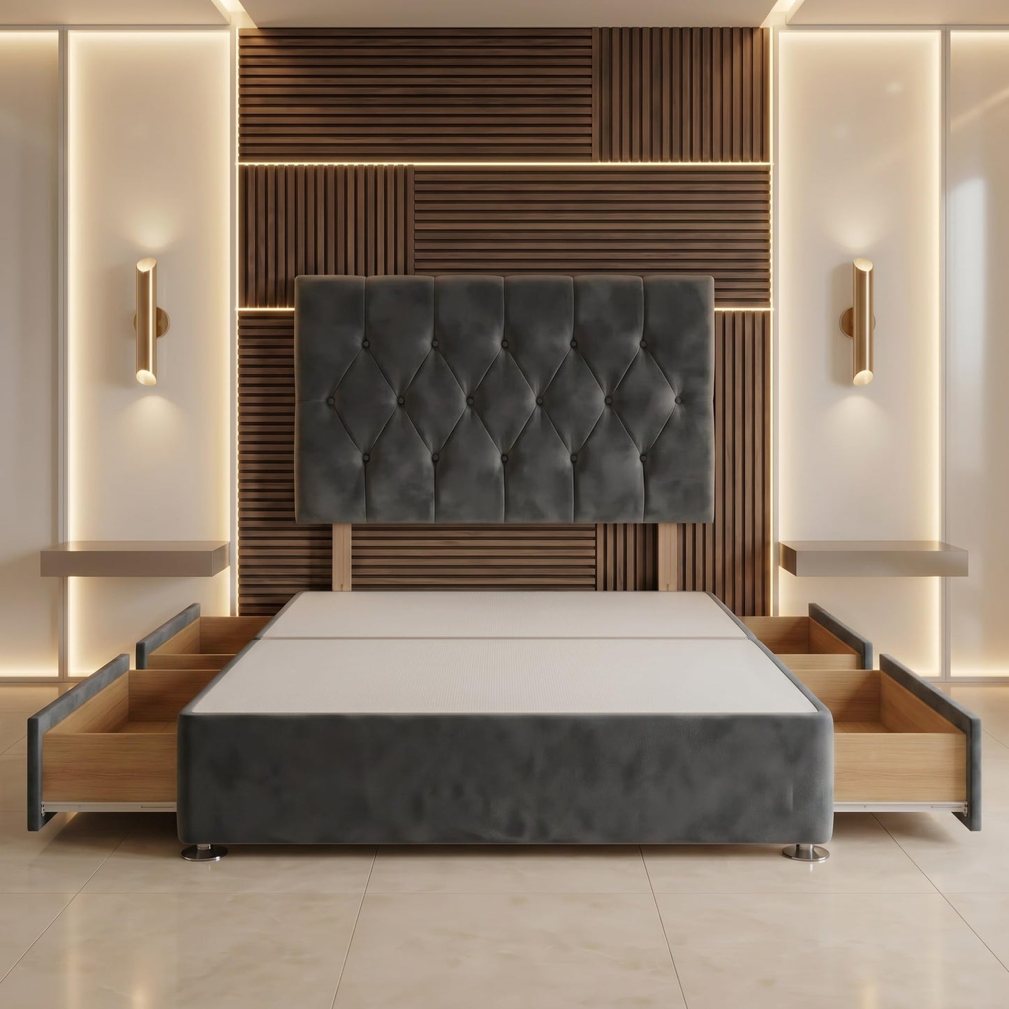 Bed Centre Divan Bed Base with Headboard – 2FT6 Small Single | Charcoal Plush Fabric | No Drawers | Luxury Upholstered Headboard