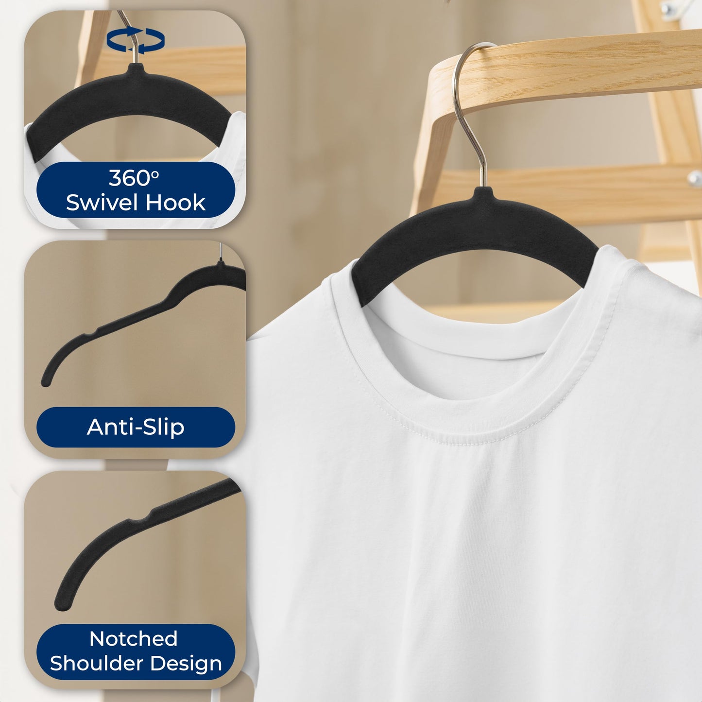 SereneLife Coat Hangers, Velvet Hangers for Clothes, 50 Pcs Non Slip Slim Space Saving Adult Hanger with 360° Swivel Hooks, For Tops, Jackets