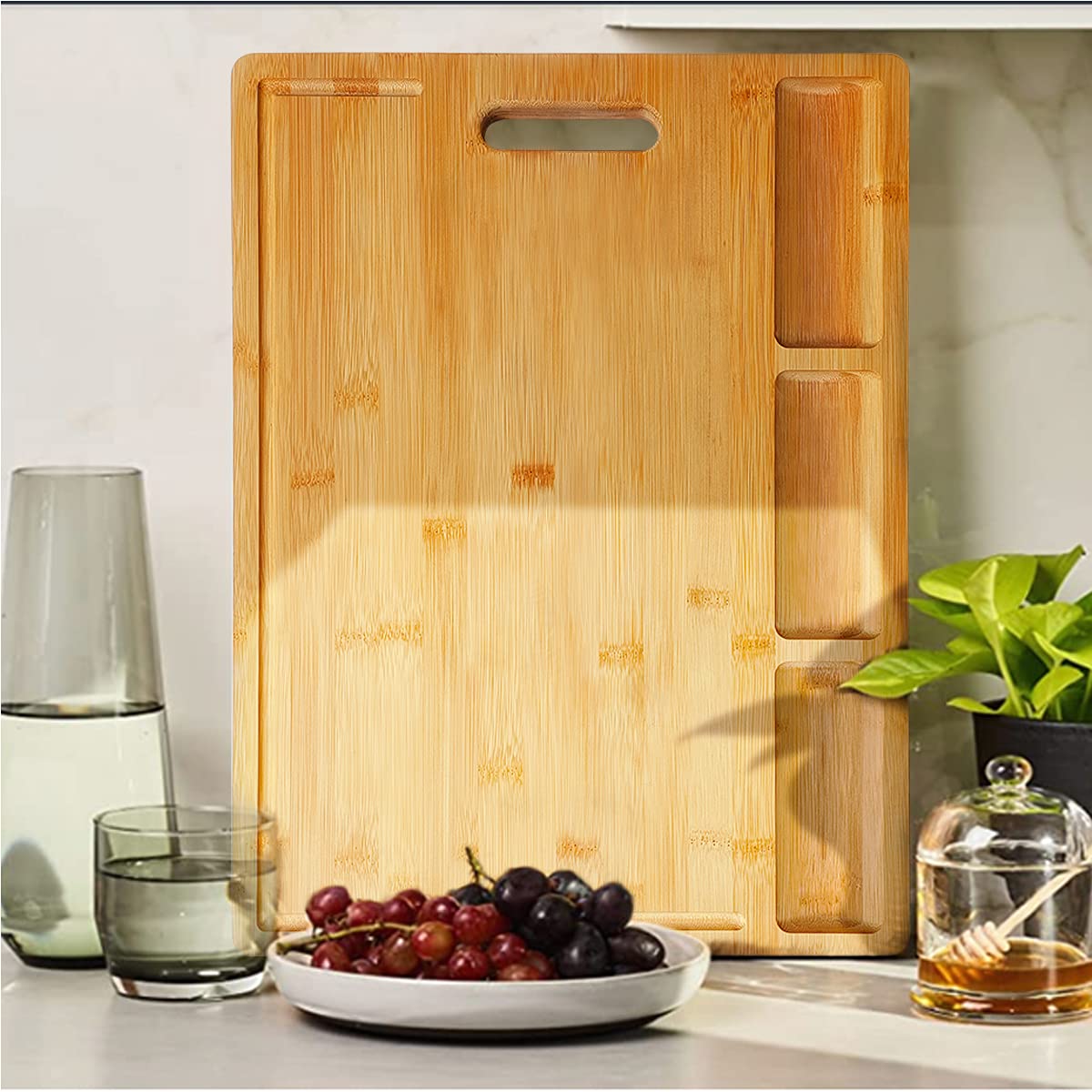 NIUXX Bamboo Cutting Board Kitchen, Extra Large Chopping Board with Built-in Compartments & Juice Grooves, 50 x 36 x 2 cm Carving Butcher Board with