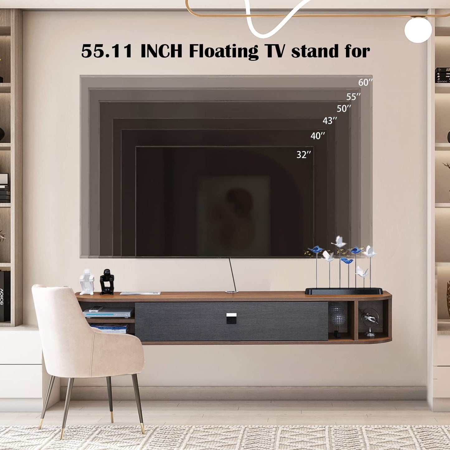 Pmnianhua Floating TV Shelves, Floating TV Unit Wall Mounted Under TV Stand Floating TV Console Entertainment Shelf Wall TV Cabinet for Living Room