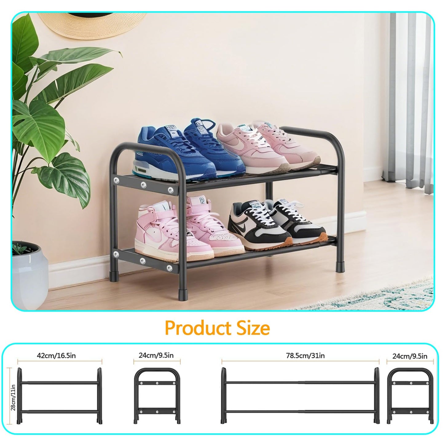 Expandable Shoe Rack, 2 Levels, Adjustable Metal Shoe Storage, 45 to 80 cm, Space Saving for Small Space, Hallway