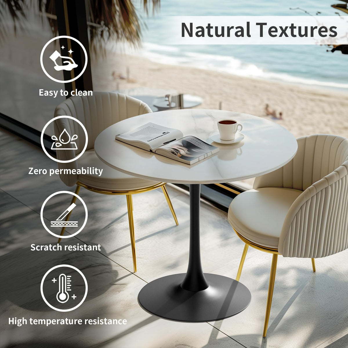 FATIVO Kitchen Dining Room Table Sintered Stone Top with Big Golden Base