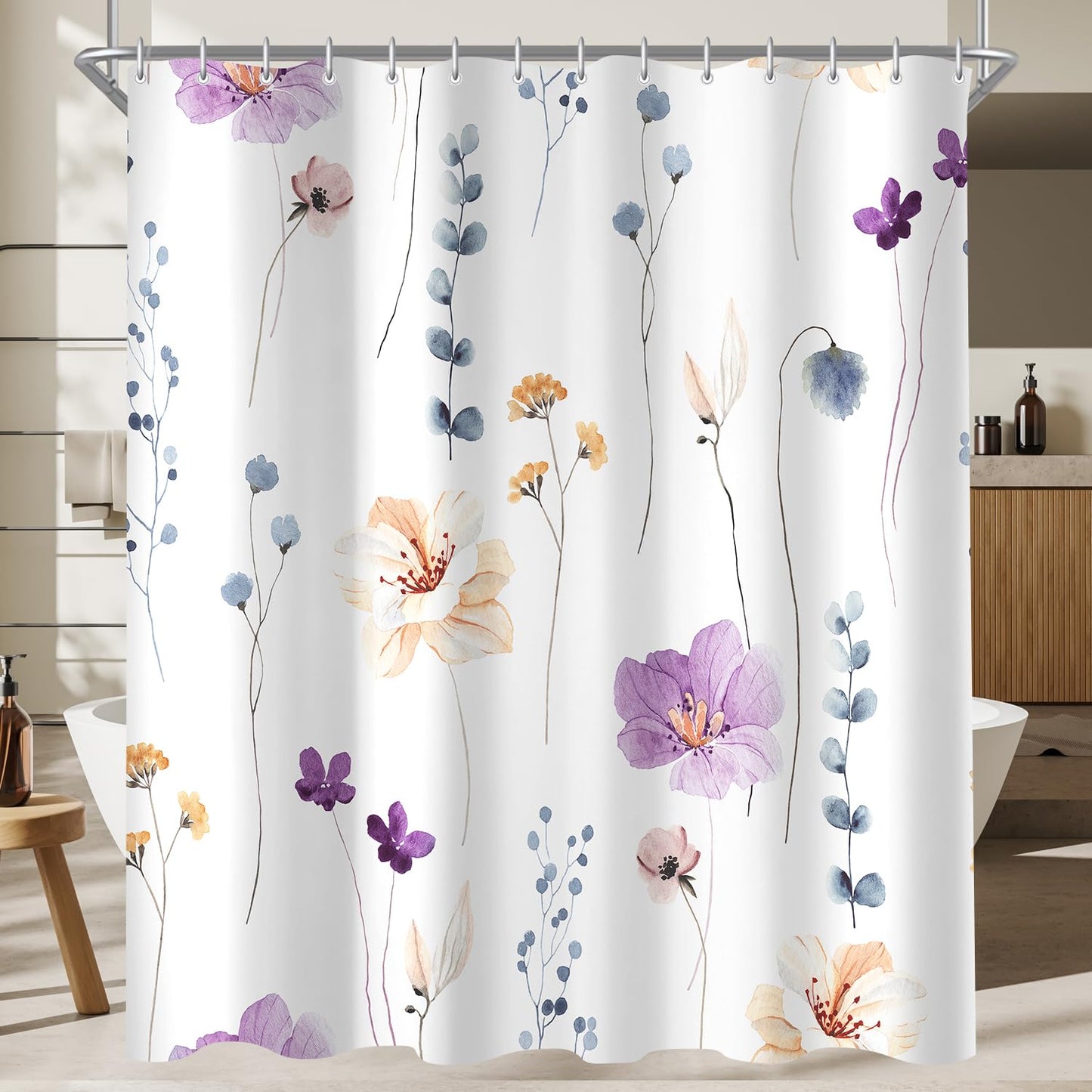 Lerores Shower Curtain, 240 x 200 cm, Purple Flower, Weighted Hem, Anti-Mould, Water-Repellent, Washable Polyester Bath Curtains with 16 Eyelets and