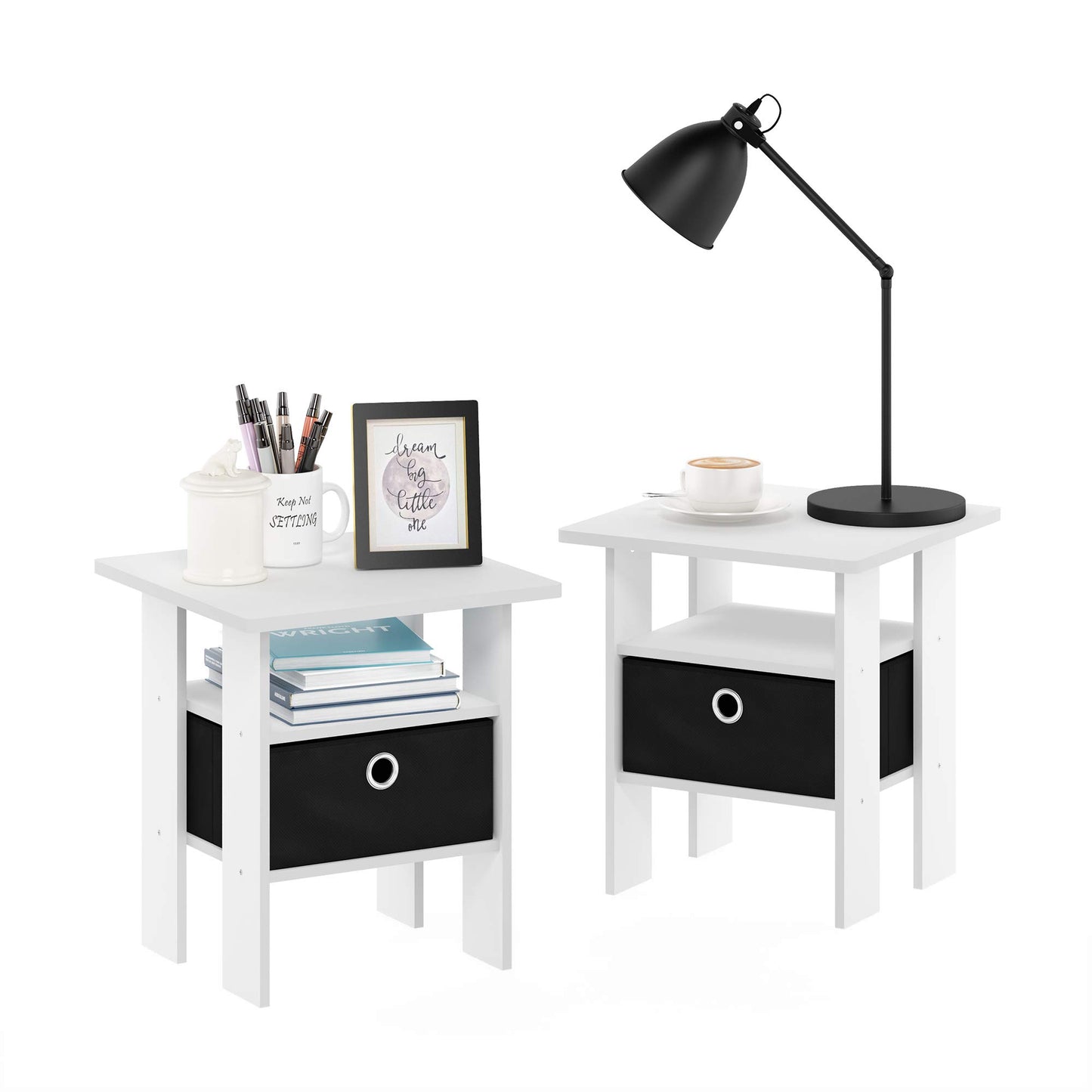 Furinno ANDREY Side Table, Set of 2 End Table, Night Stand with Open Shelves and Storage Bin, Bedside Table, for Living Room, Bedroom, White