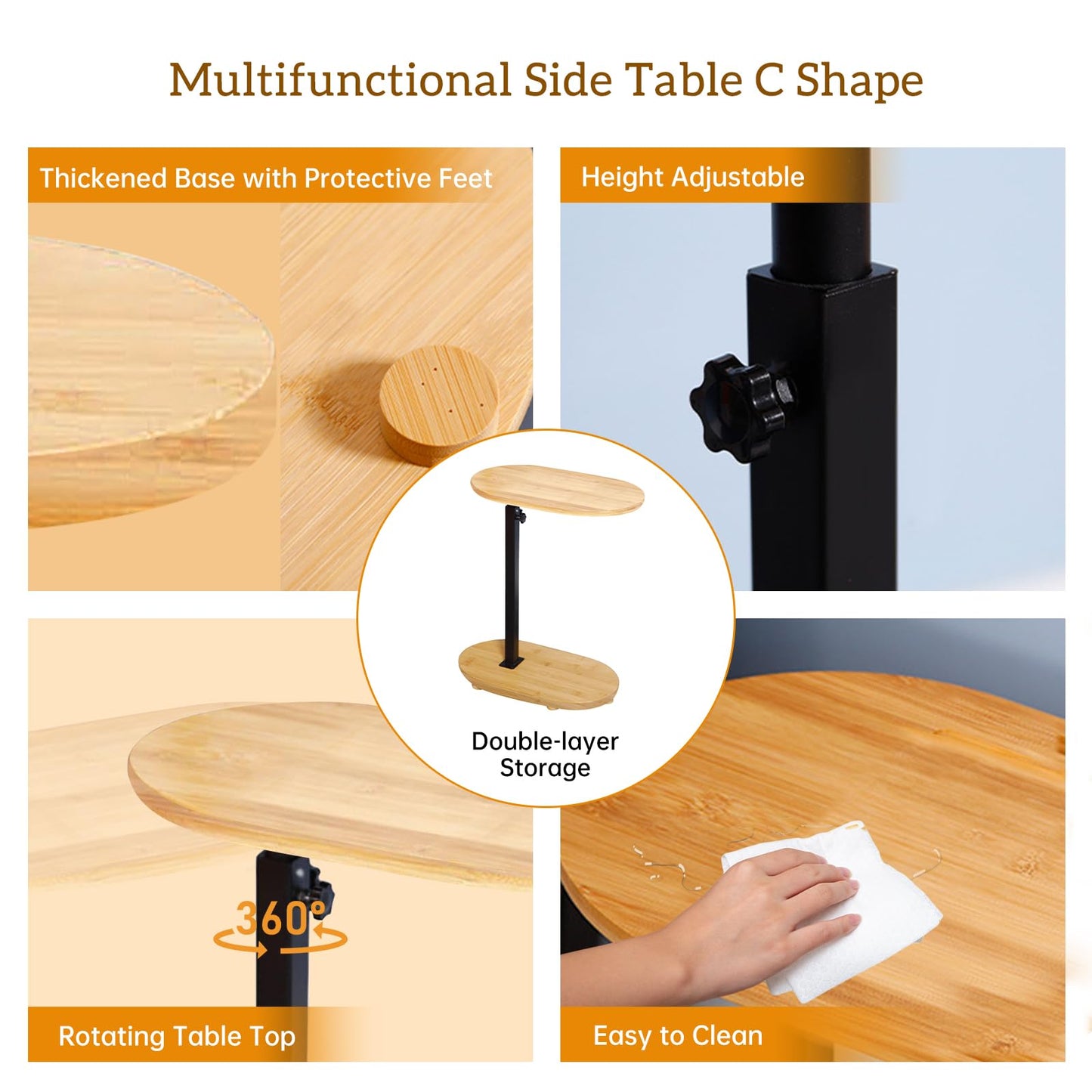 KUKKUME C Shaped Side Table Height Adjustable Sofa Table Over Bed Table Bamboo & Metal Under Sofa Table for Living Room Bathroom Couch Bedroom