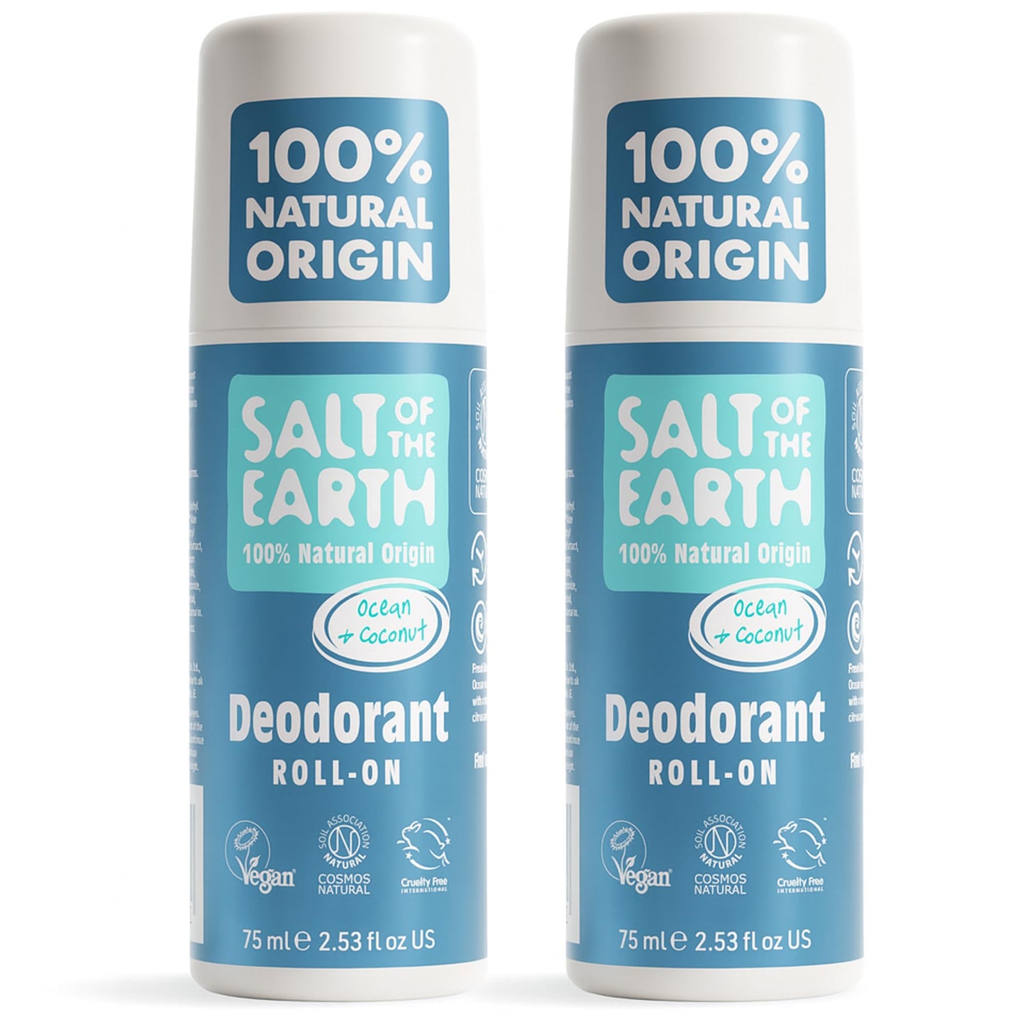 Salt of the Earth - 2 Pack Natural Roll On Deodorant Bundle (2 x 75ml) - 100% Natural Origin Ingredients, Vegan Unisex Roll On, Made in the UK - Ocean
