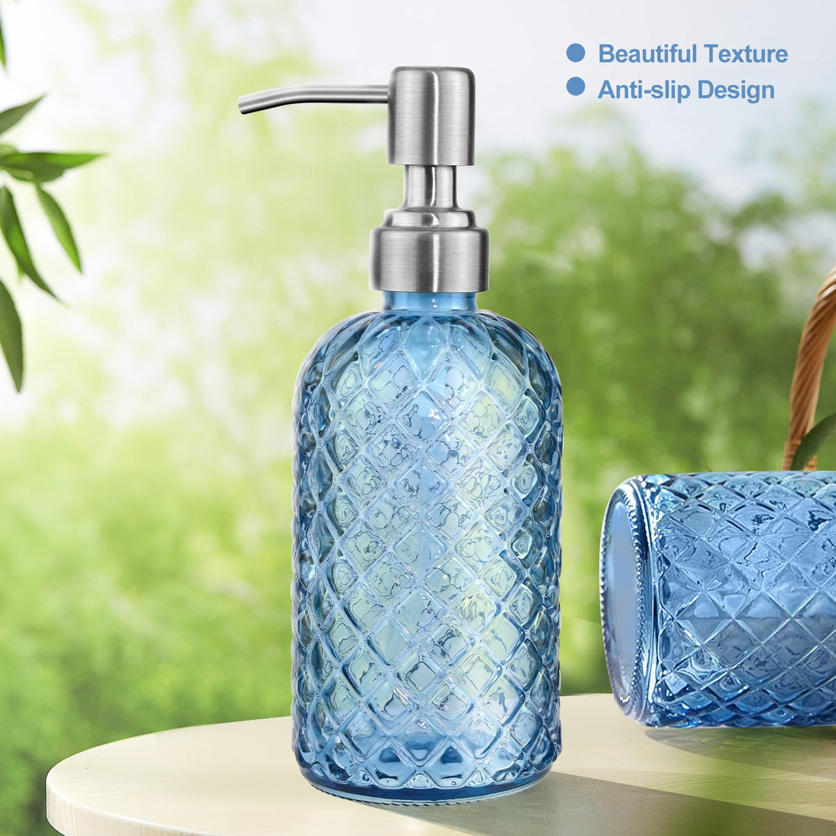 2Pcs Glass Soap Dispenser Blue - 350ml/ 16 Oz Hand Soap Dispenser with Rustproof Stainless Steel Pump Liquid Hand Jar Refillable Glass Bottle for