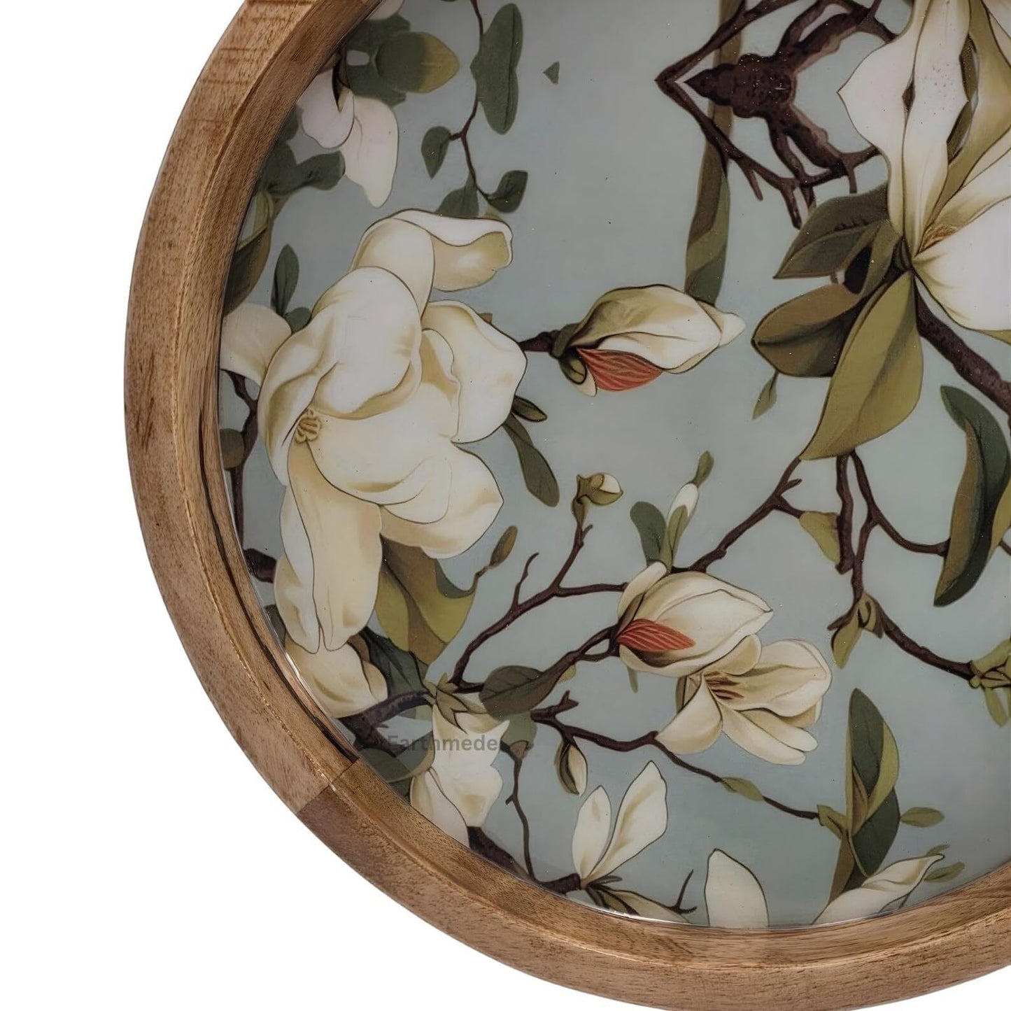 Woodmede Mango Wood Side Table 18” – Handmade Round Accent Table with 38cm Resin-Coated Enamel Top