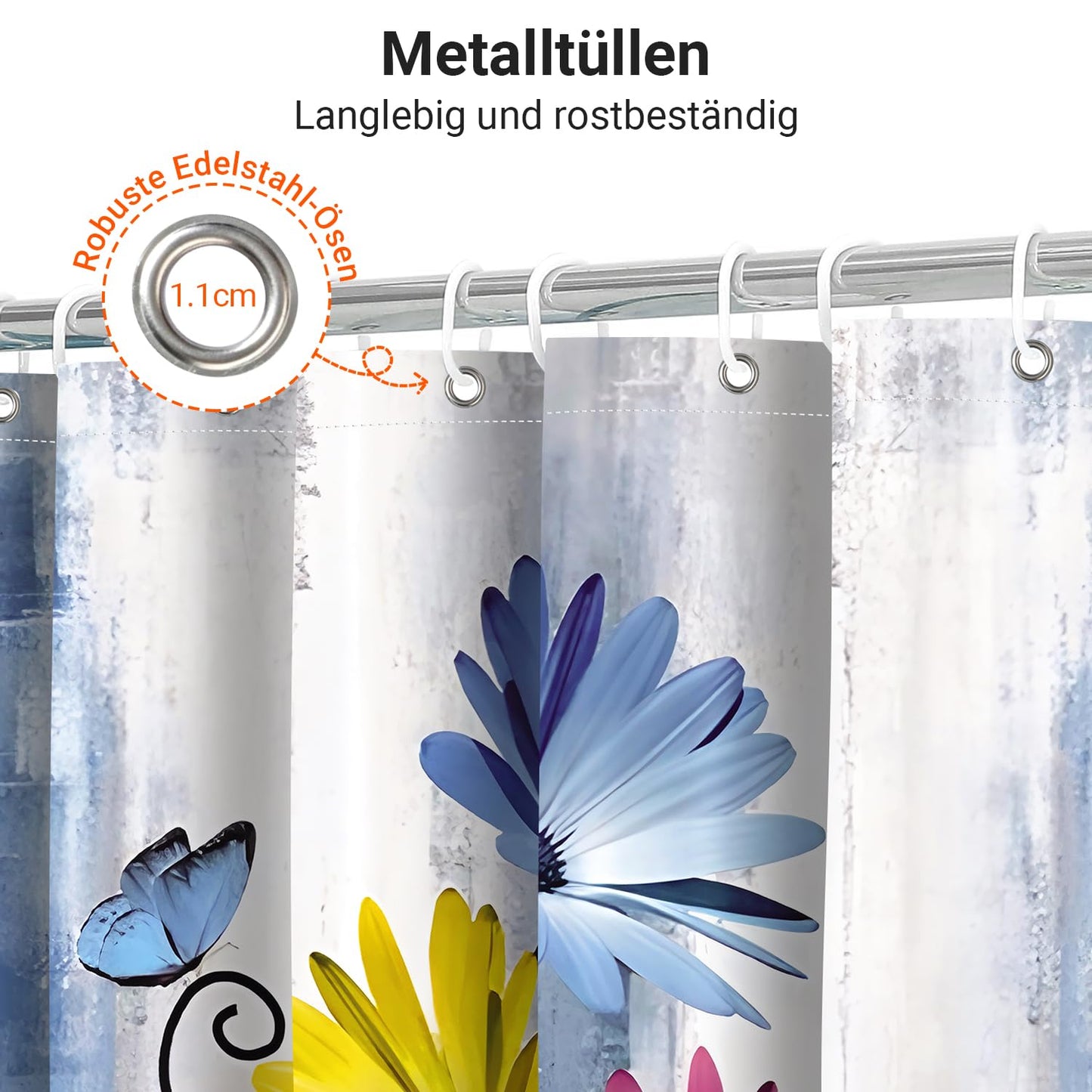 Shower Curtain, 180 x 200 cm, Blue Daisies Butterflies Motif, Weighted Hem, Anti-Mould, Water-Repellent